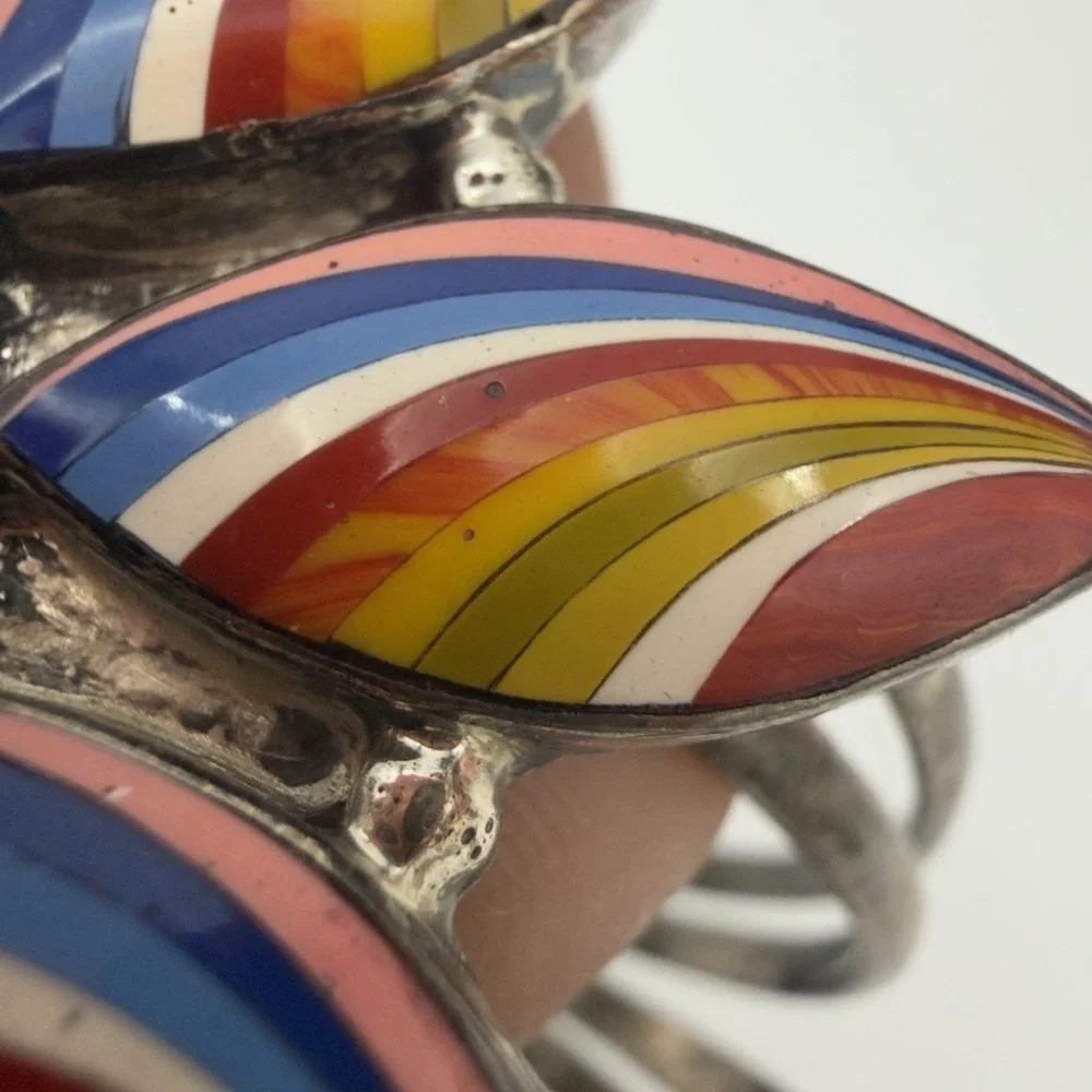 Vtg Sterling Silver Multi Stone Inlay Large Flower Cuff Bracelet One of a Kind